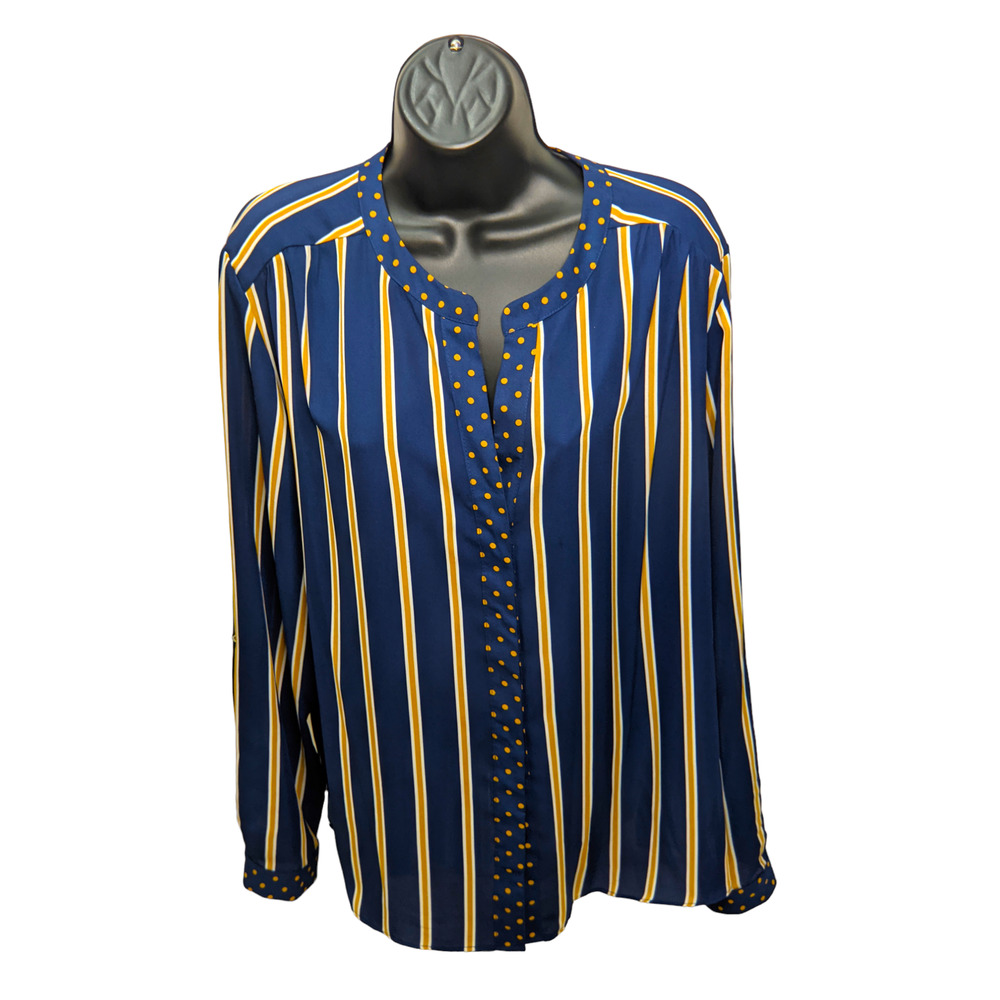 Womens Shirt Navy Blue Mustard Yellow Stripes Polka Dots Multicolor Size Medium